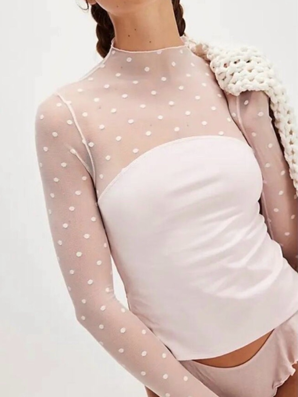 Sheer Polka Dot Strapless-Style Camisole in Light Pink